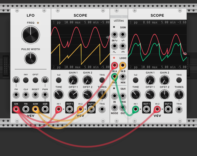 Same patch — right scope shows max and min outputs more clearly as standalone waveforms
