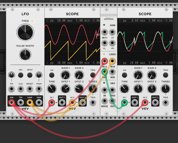 LFO sine and saw into Kinks Logic section — left scope shows the two original waveforms overlaid with the max output, right scope shows max and min combined results