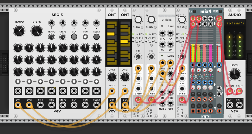 SEQ 3 rows 1 and 2 through separate quantizers into two LVCOs, both audio outputs into Kinks Logic — max output into a third LVCO, all three voices mixed through mix4