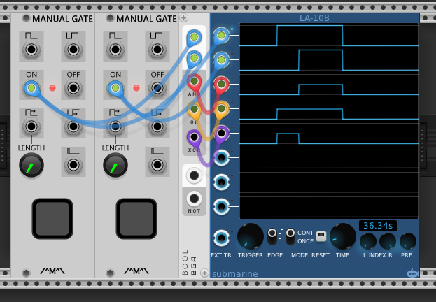 Two manual gates into a Bool logic module (submarine), outputs to LA-108 analyzer — both gates open, so AND and OR are high but XOR is low