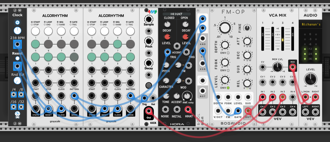 Clock driving two Algorhythm modules (kick and hi-hat patterns), their gate outputs into a Bool logic module, with AND/OR/XOR outputs selectively triggering an FM-OP voice — all mixed through VCA MIX to audio