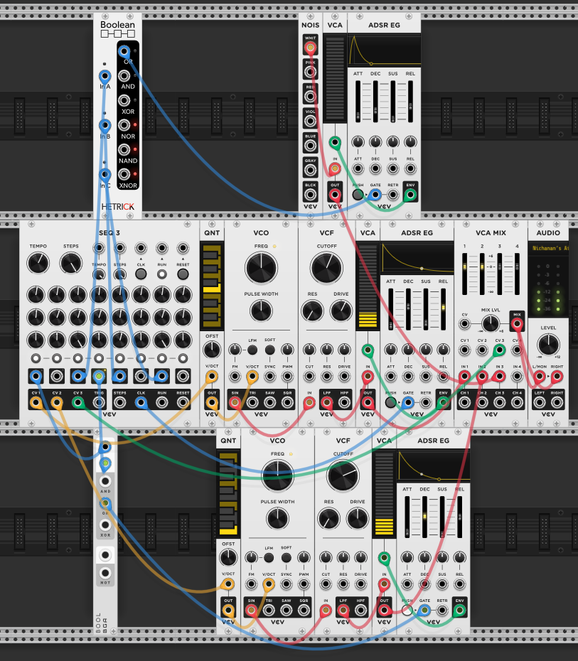 Same two-voice patch with a hi-hat added — noise through VCA with ADSR, boolean gated to steps 3, 5, and 7, with SEQ 3 row 3 controlling hi-hat volume via VCA MIX CV input