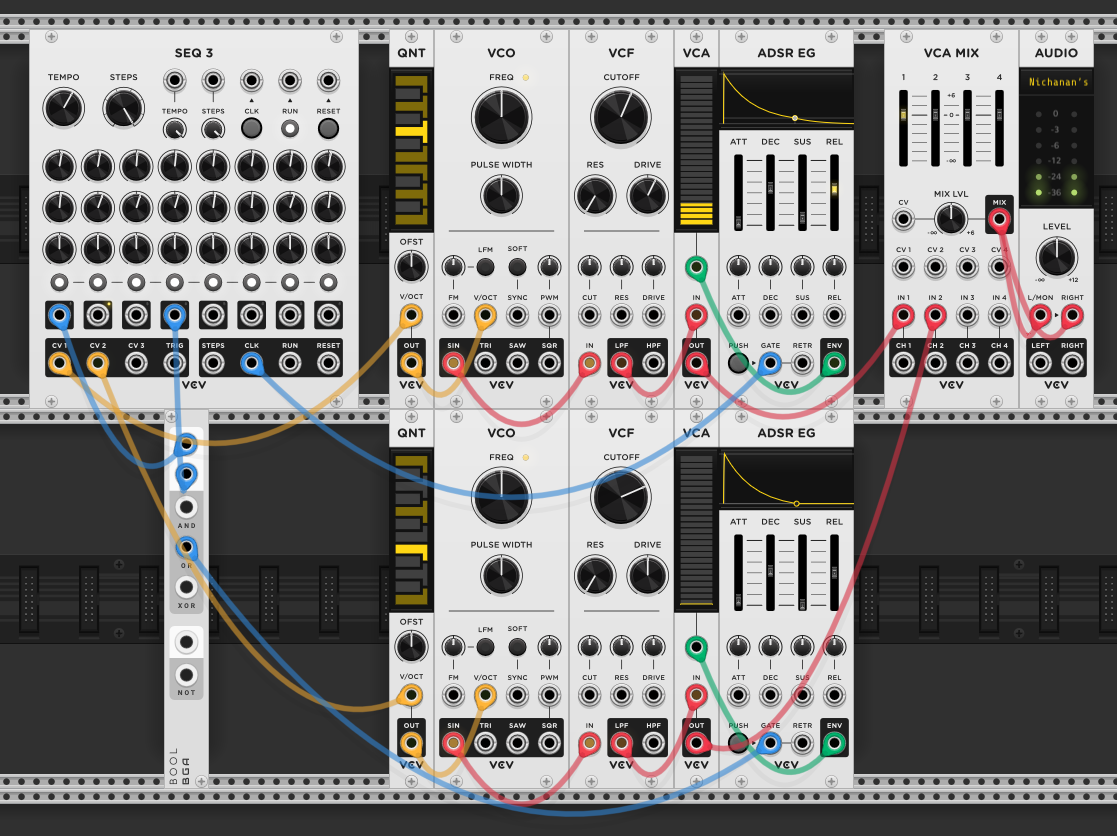 Two voice chains (QNT → VCO → VCF → VCA → ADSR EG) sharing a SEQ 3 — first voice gets the clock directly, second voice's gate is filtered through a Bool module so it only plays on steps 1 and 4, both mixed through VCA MIX