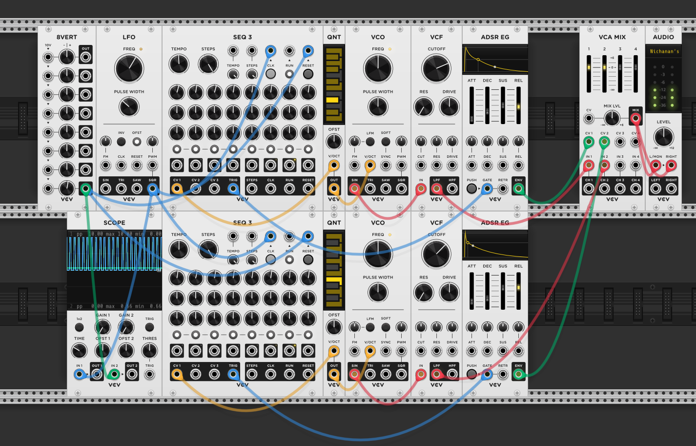 8VERT output patched to both SEQ3 RESET inputs, LFO still clocking both sequences