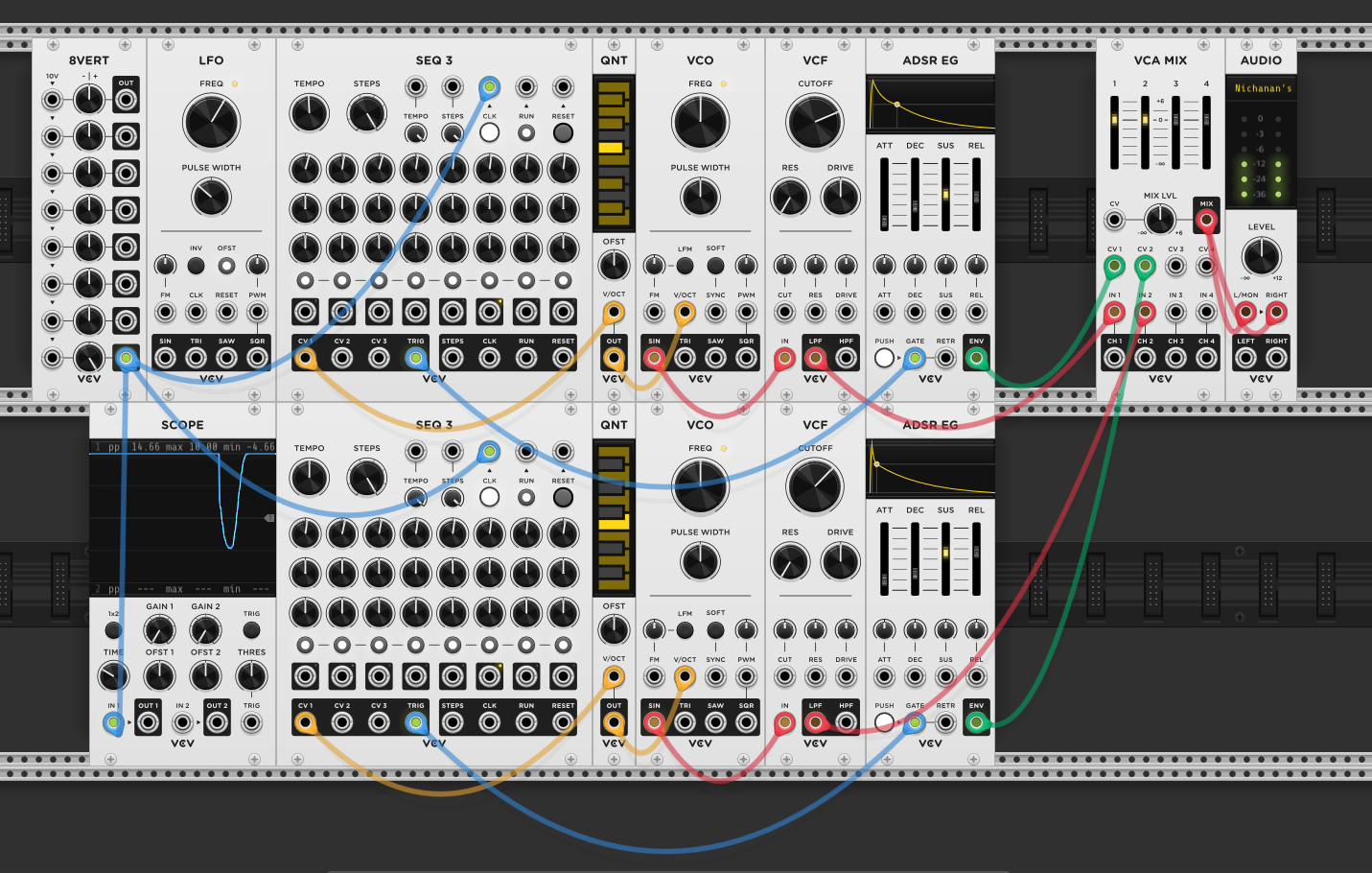 8VERT added to patch, its output patched to SEQ3 reset inputs. LFO still clocking both SEQ3s, same two-voice signal chain