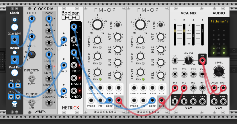 Clock into Clock Div module, /2 division and master clock /4 into Boolean logic (Hetrick), OR and AND outputs gating two FM-OP voices, mixed through VCA MIX to audio