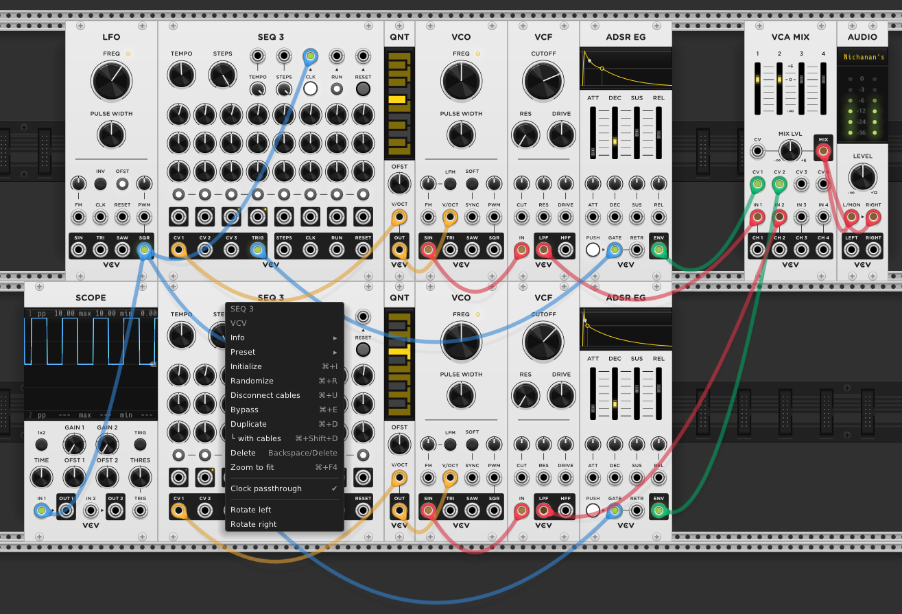 LFO clocking two SEQ3 sequencers, each driving a VCO→VCF→ADSR voice through QNT, mixed in VCA MIX to audio. SEQ3 context menu shows Clock passthrough enabled
