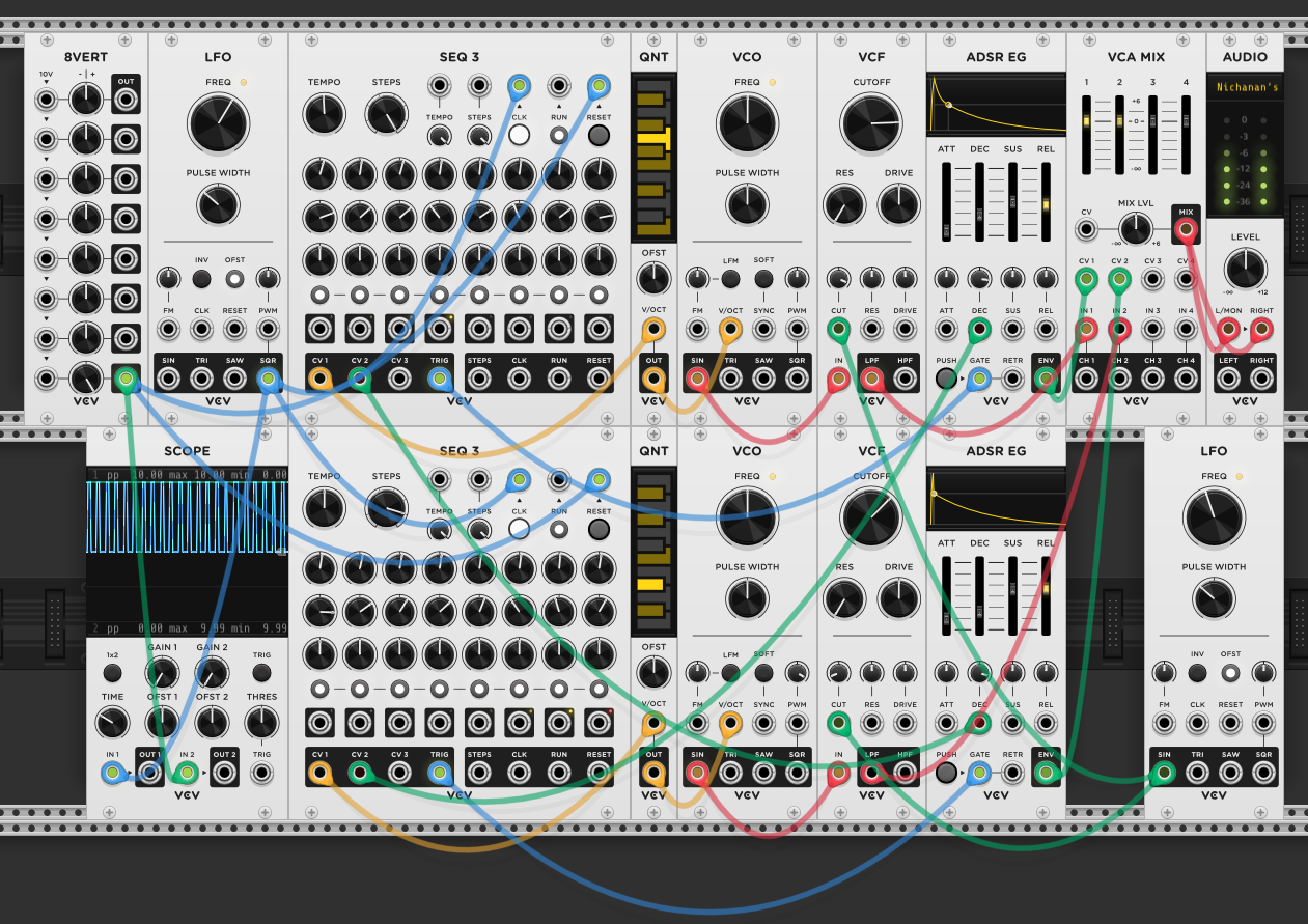 Second LFO added, its sine output patched to both VCF cutoff inputs via green cables. First voice receives positive modulation, second voice negative