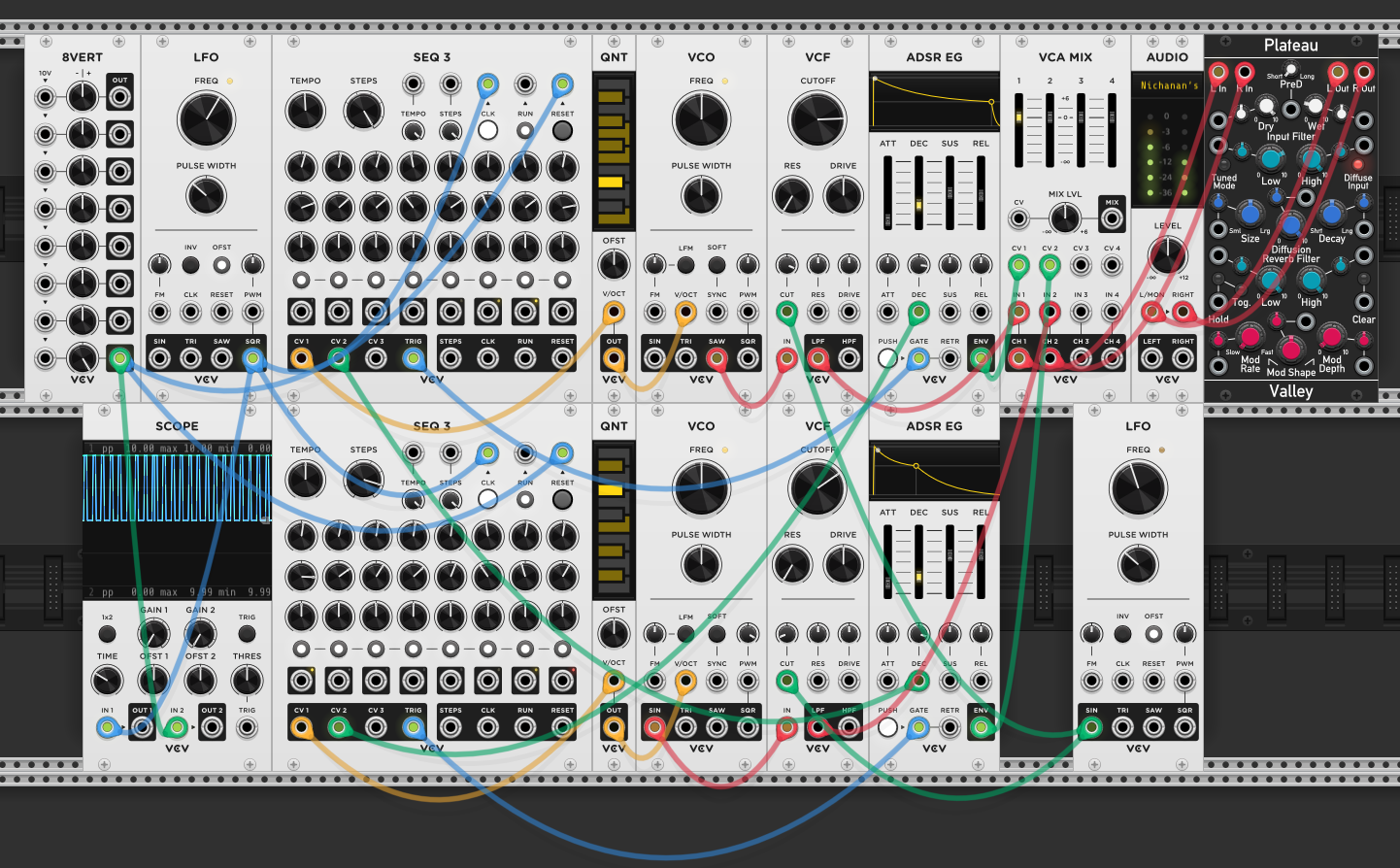 Plateau reverb module added. VCA MIX L output to Plateau L In, R output to R In. Plateau stereo outputs to Audio module