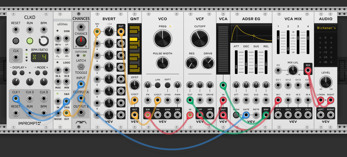 Chances module added between clock and ADSR gate. Clock into Chances input, Output A to ADSR gate. Chance knob at 50%
