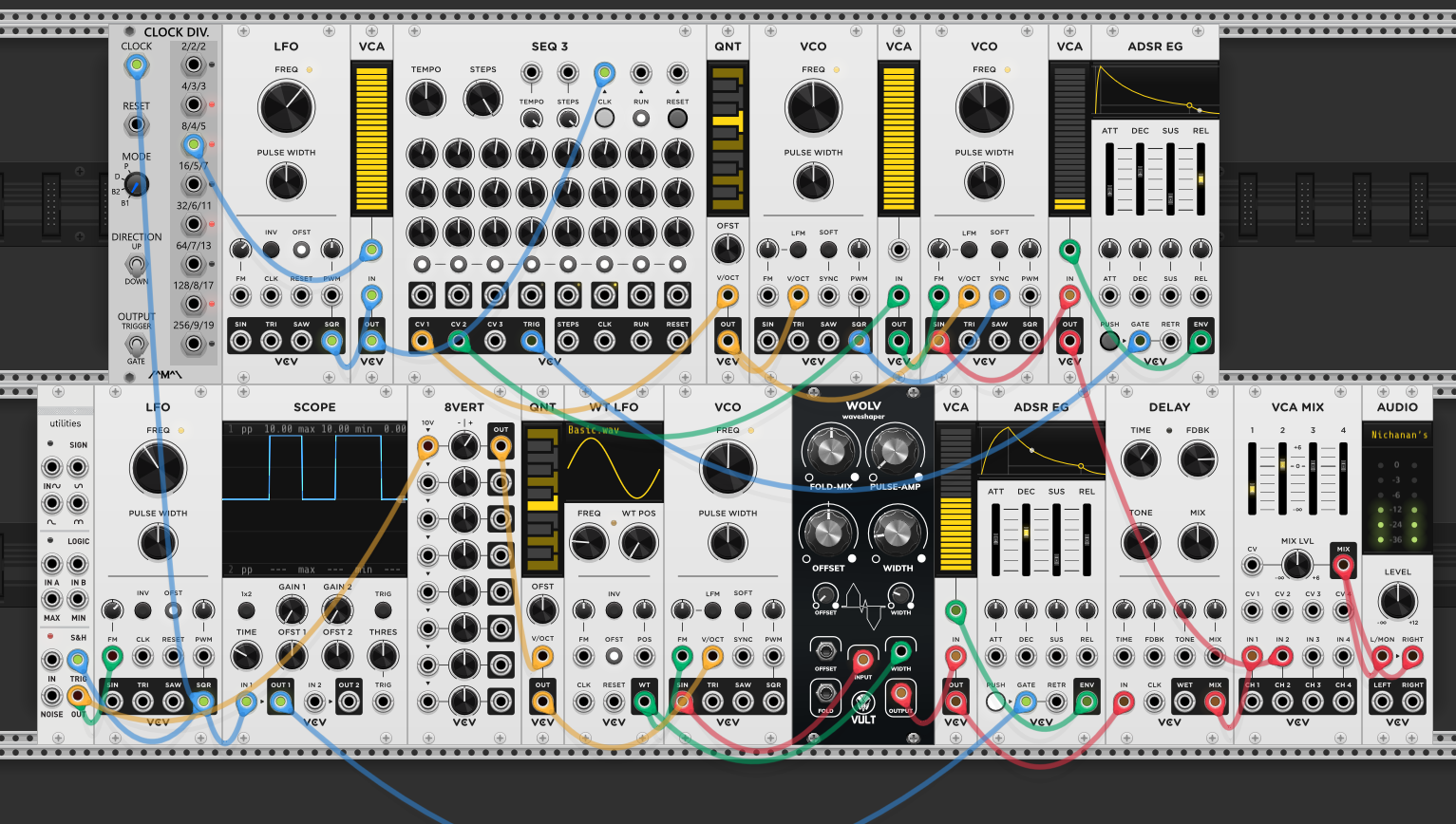 Clock Div added, VCA gating the clock to create bursts, SEQ3 row 2 modulating VCO FM