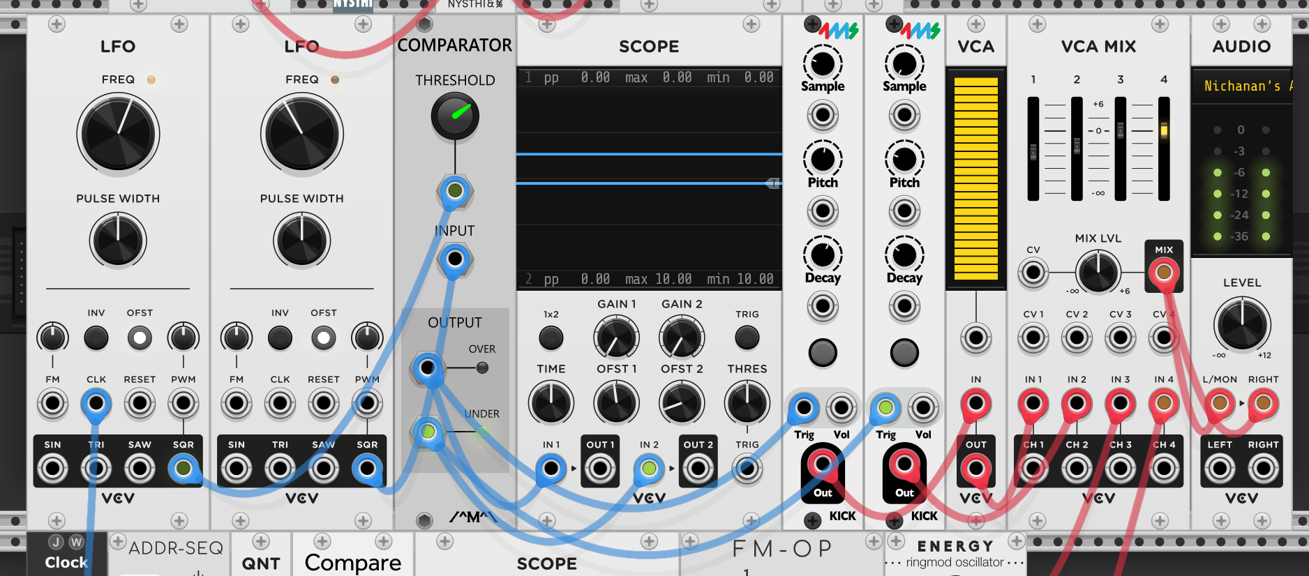 Two LFOs into Comparator. OVER output triggers one FM-OP Kick module, UNDER output triggers another. Both kicks into VCA MIX to Audio