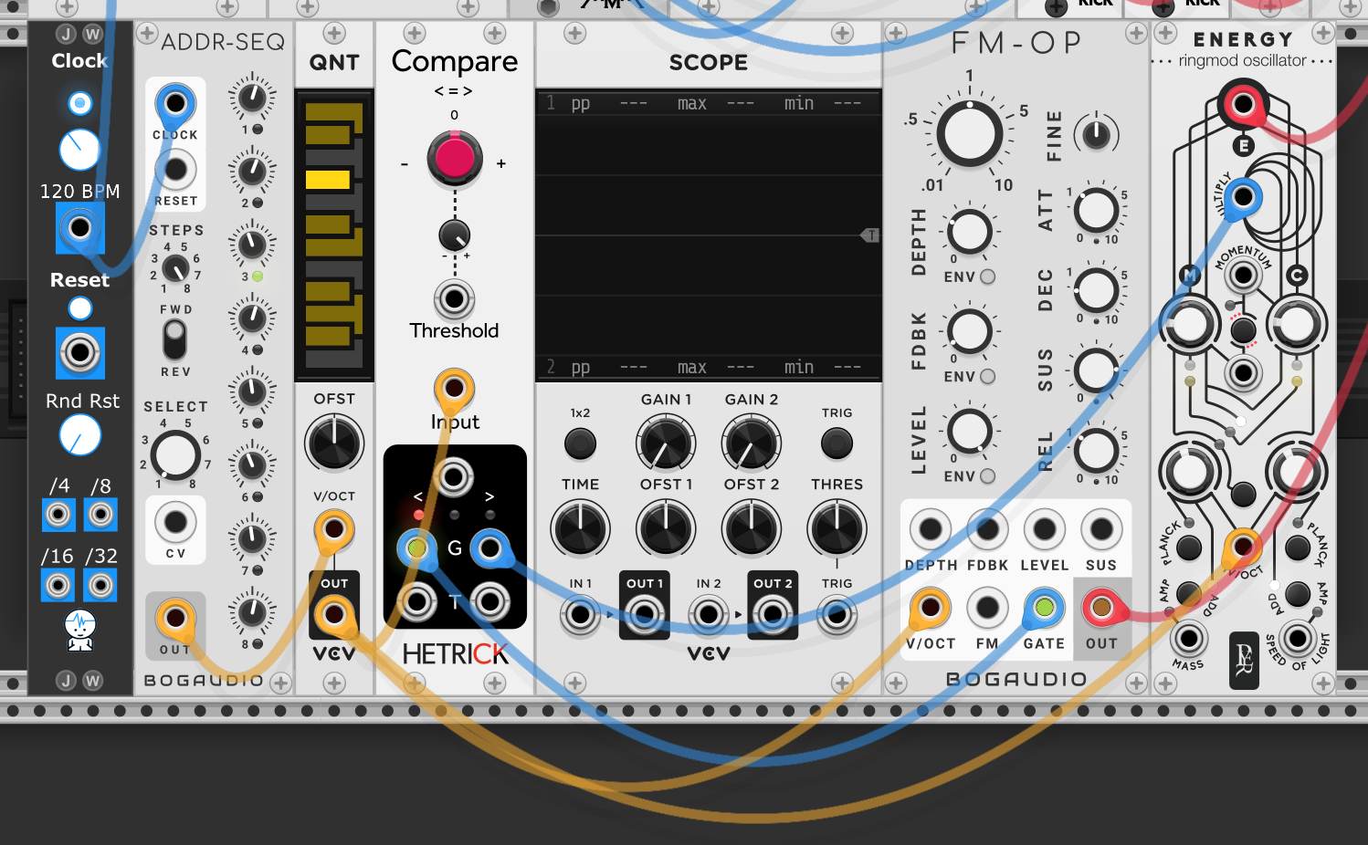 ADDR-SEQ sequencer through QNT into Comparator input. Comparator OVER triggers one effect path (FM-OP voice), UNDER triggers another (Energy ring mod). Both into VCA MIX