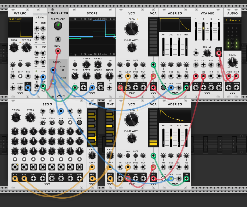 Comparator OVER output patched to pitch of voice 1 and modulation of voice 2. Two voices with SEQ3, QNT, VCO, VCA, ADSR EG into VCA MIX