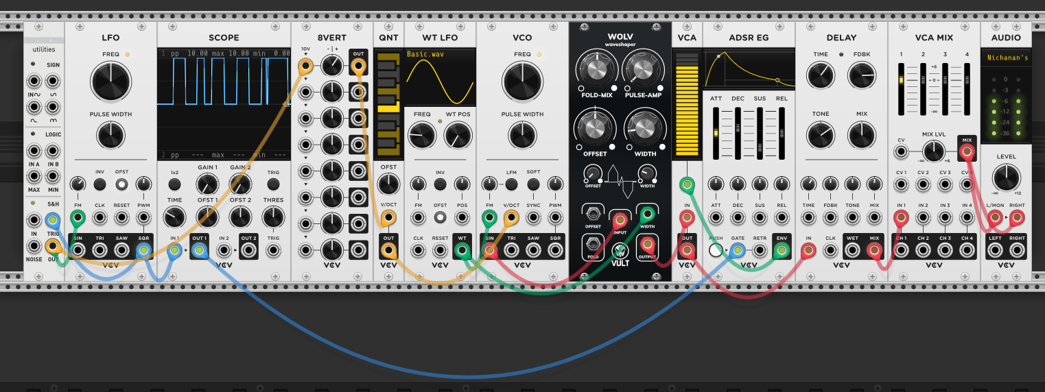 Kinks S&H modulating LFO frequency, LFO square triggering ADSR, VCO through WOLV waveshaper into VCA, 8VERT through QNT setting pitch, WT LFO on FM input, Delay before VCA MIX