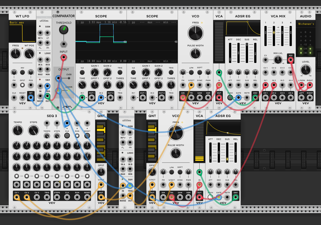 Kinks module added between QNT and second voice's VCO. Comparator UNDER output triggers Kinks S&H. Two scopes showing the OVER and UNDER gate patterns