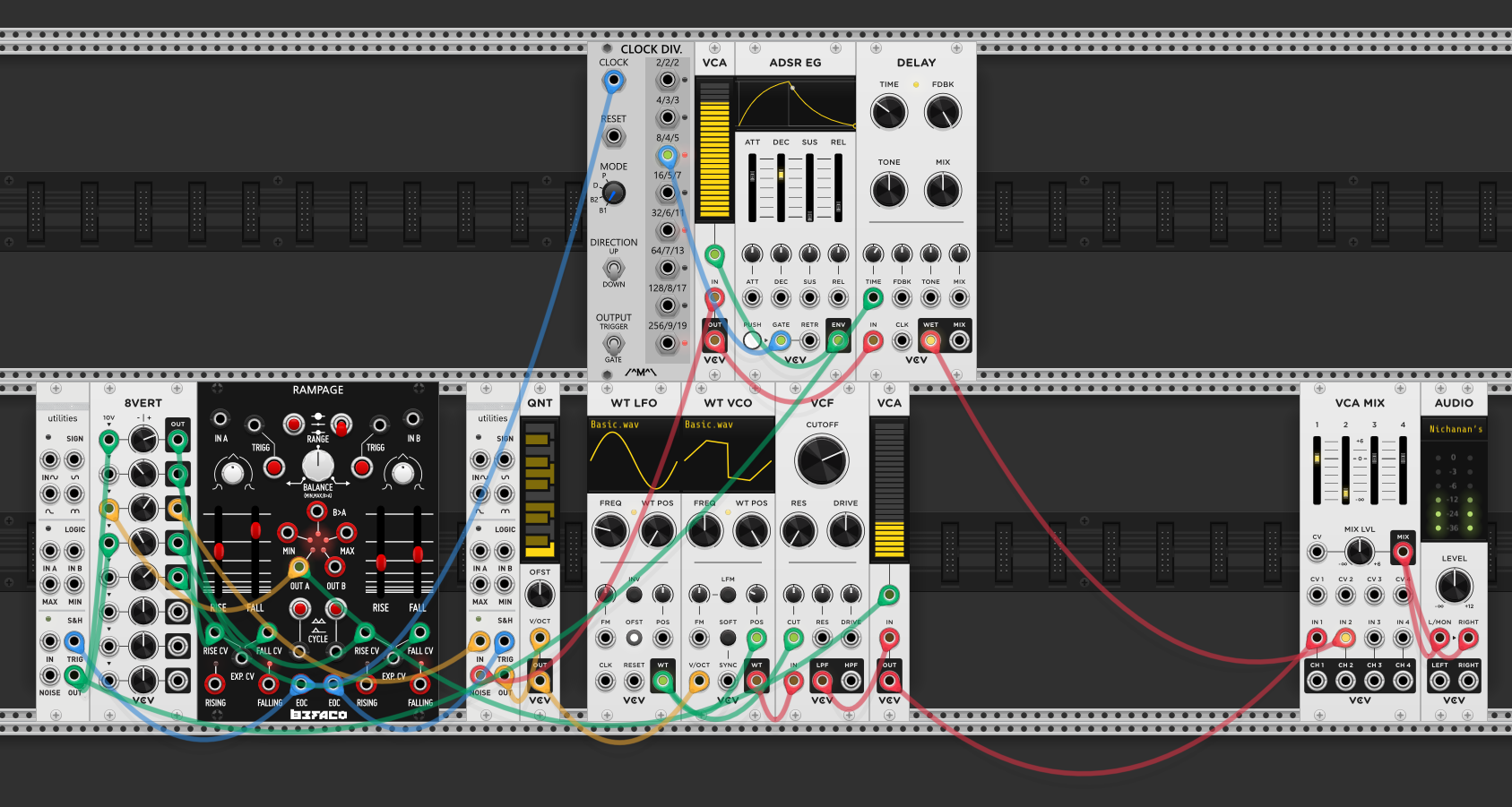 Second Kinks noise output through a second VCA and ADSR EG, into a Delay module, then to VCA MIX. B cycle triggers both the S&H and the percussion envelope