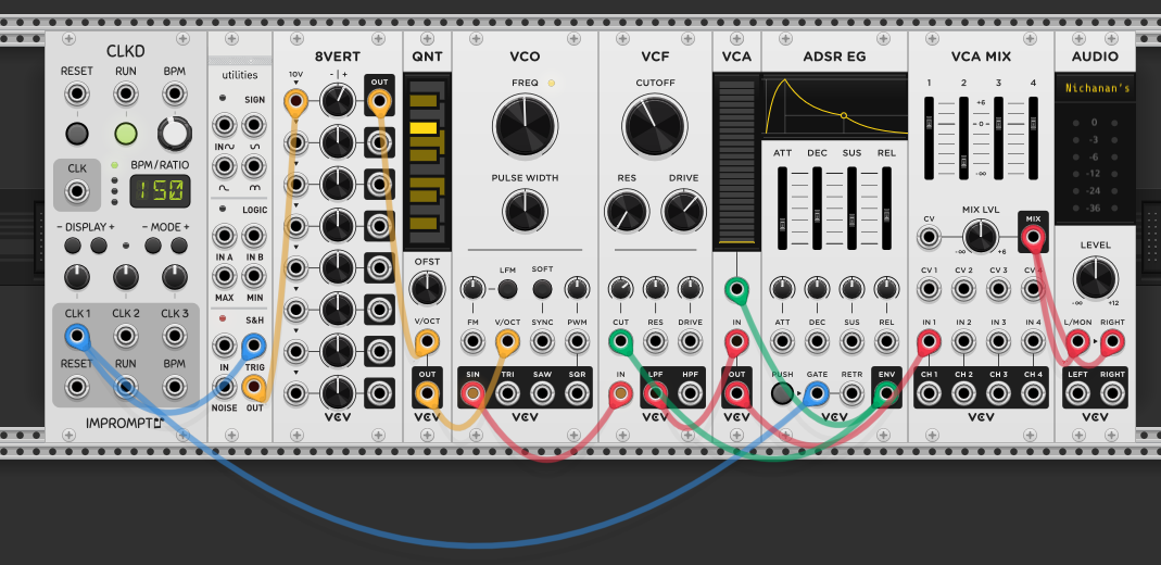 Starter patch: CLKD clock triggering Kinks S&H, 8VERT through QNT setting pitch, VCO through VCF into VCA gated by ADSR, into VCA MIX