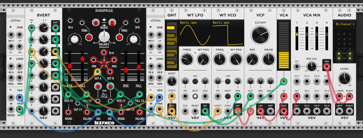Rampage B cycle's EOC triggering a second S&H (Kinks), which modulates pitch through a quantizer. Both Rampage channels cycling independently