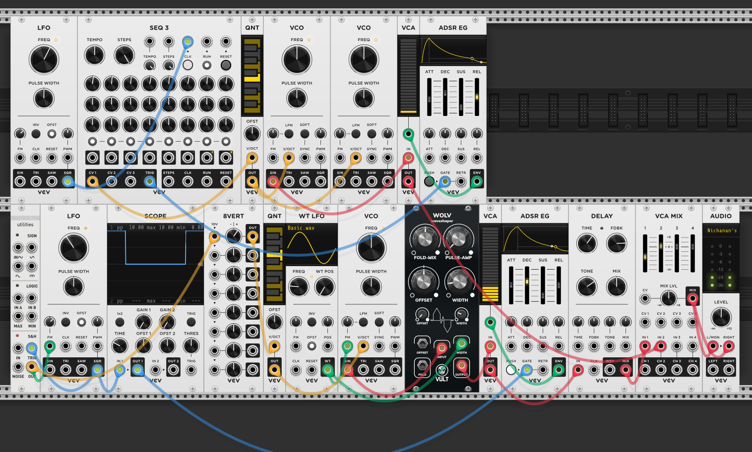 Second voice added: LFO clocking SEQ3, through QNT into two VCOs, with VCA and ADSR EG. First generative voice still running below
