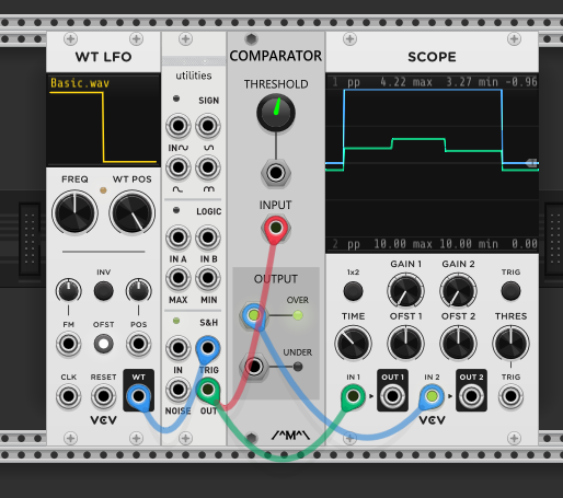 WT LFO triggering S&H (using its internal white noise), S&H output into Comparator input, Comparator OVER output shown on scope as a gate signal