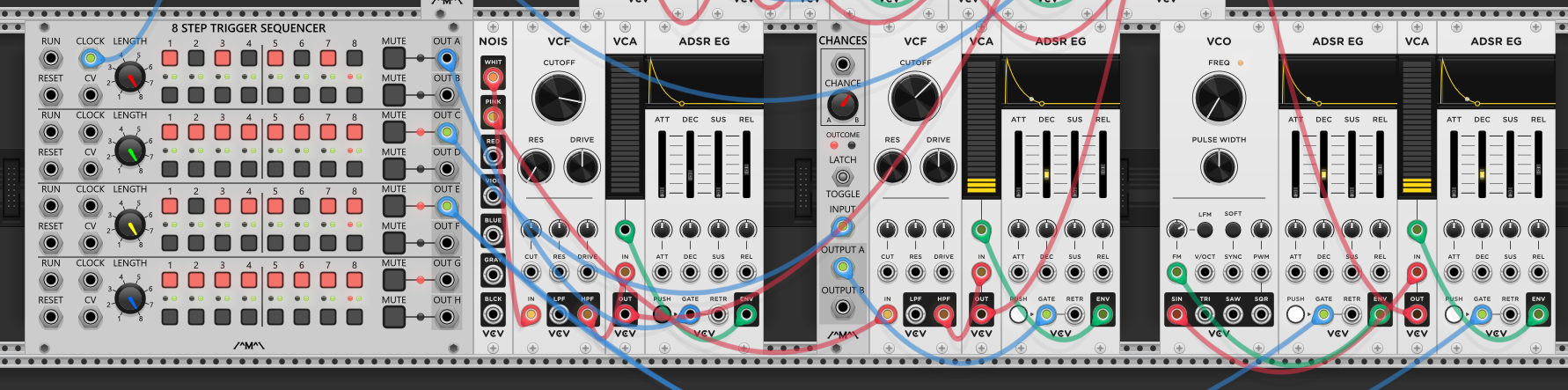 Chances module added to snare gate path. Bass drum voice added: VCO through VCF into VCA gated by ADSR EG, triggered by another row of the trigger sequencer