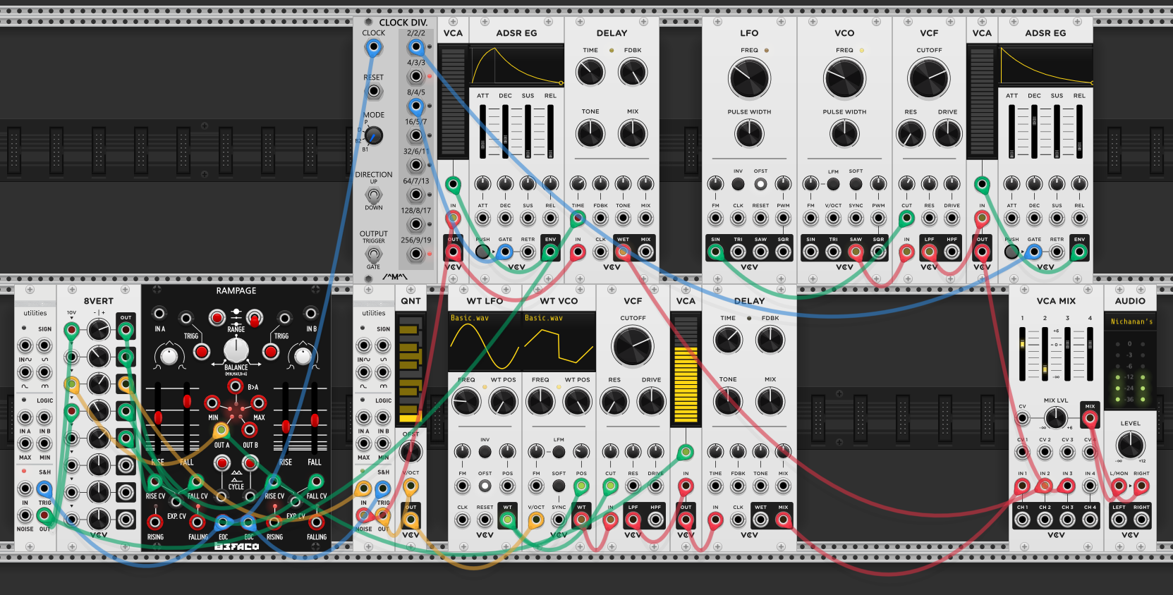 Third voice added: LFO, VCO, VCF, VCA, ADSR EG chain in the top right, with its own delay. All three voices mixed through VCA MIX to Audio