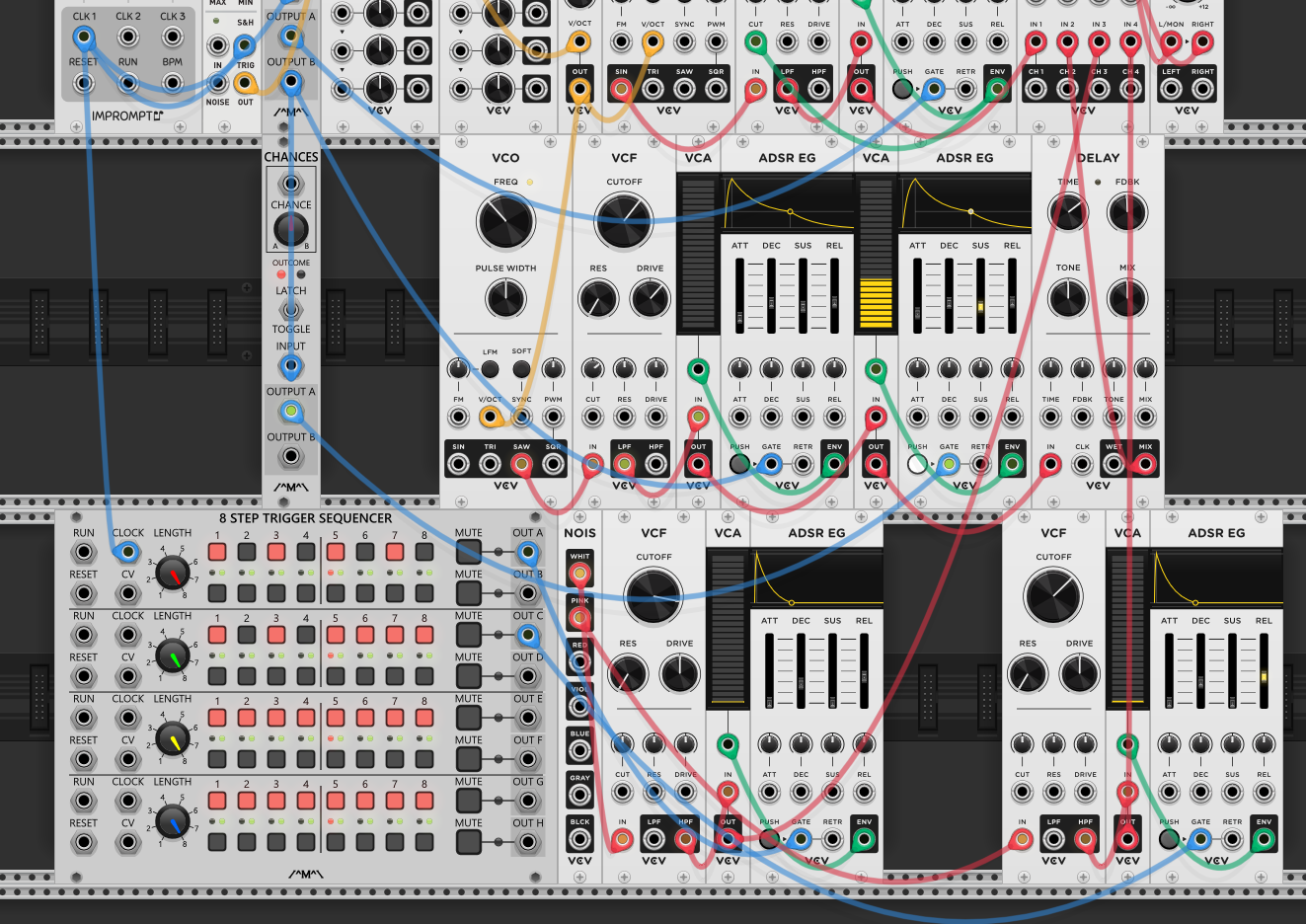 8 Step Trigger Sequencer with multiple rows driving hi-hat and snare. NOIS module providing white and pink noise, each through VCF → VCA → ADSR EG chains. Delay on the percussion bus