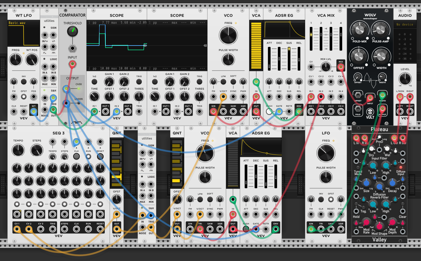 WOLV waveshaper and Plateau reverb added after VCA MIX. LFO sine modulating waveshaper width parameter. Waveshaper output into Plateau, then to Audio