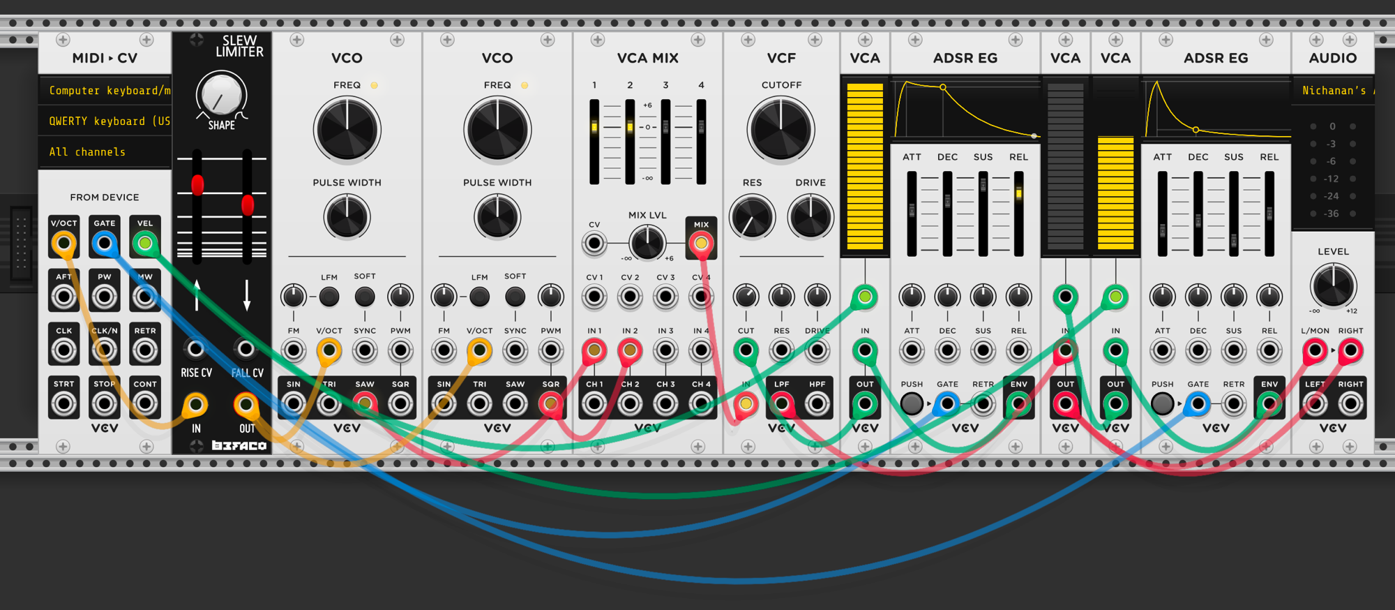 Slew Limiter (Befaco) inserted between MIDI-CV V/OCT output and both VCOs. Yellow cable from V/OCT into Slew IN, Slew OUT to both VCO V/OCT inputs