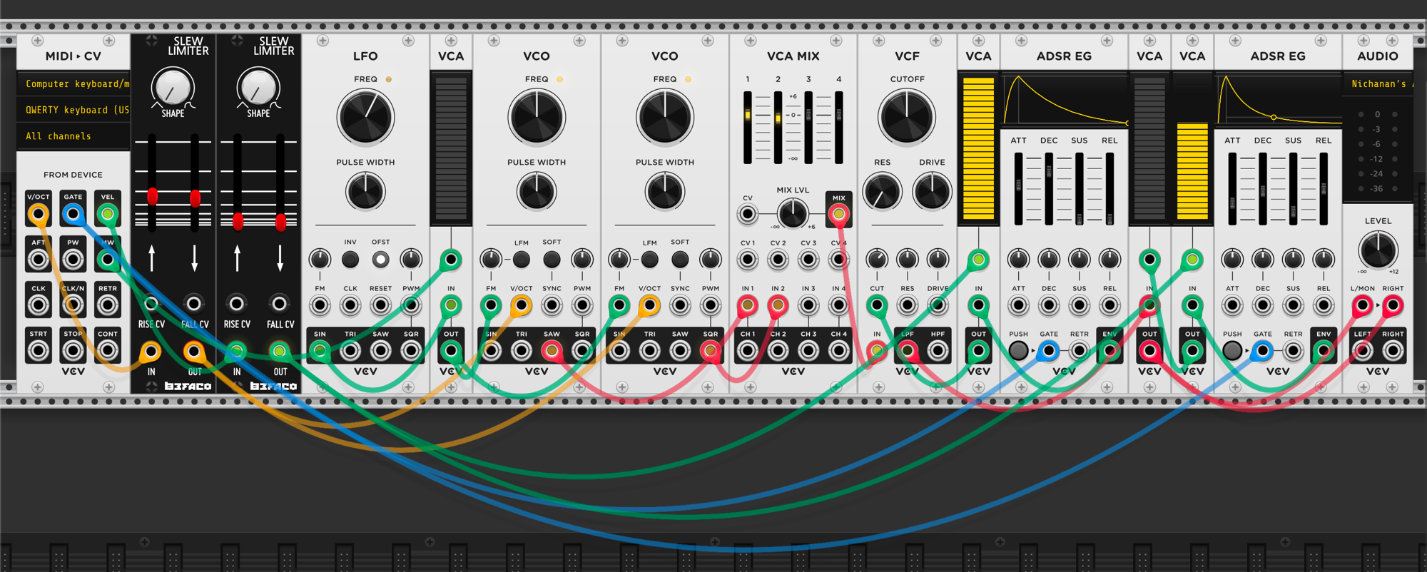 VCA inserted between LFO and VCOs. LFO sine into VCA input, VCA output to both VCO FM inputs. MIDI-CV MW (mod wheel) output patched to VCA CV input