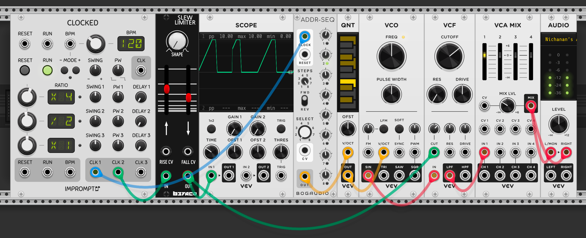 CLKD clock into Slew Limiter, slew output to scope showing smooth ramps synced to clock. ADDR-SEQ sequencer into QNT for pitch, VCO through VCF into VCA MIX