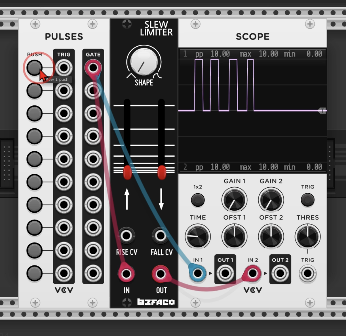 Pulses gate into Slew Limiter (Befaco), output to scope. Rise and fall both at minimum — scope shows gate and slew output perfectly overlapping