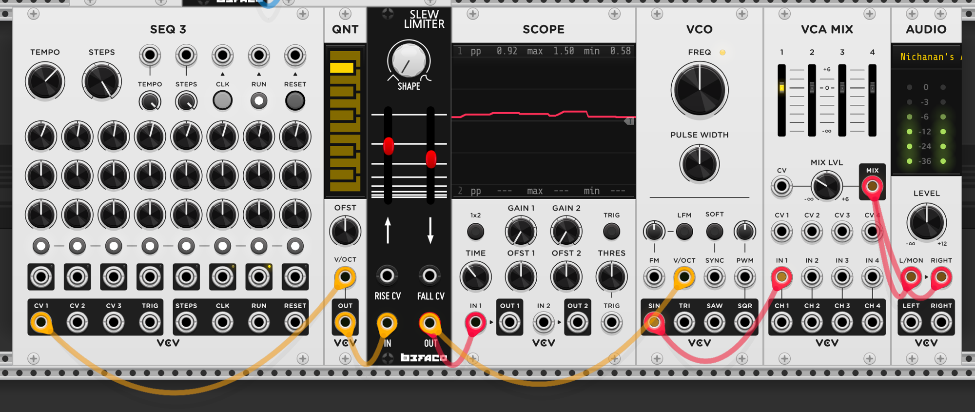SEQ3 through QNT into Slew Limiter, output to scope and VCO V/OCT. VCO sine into VCA MIX to Audio