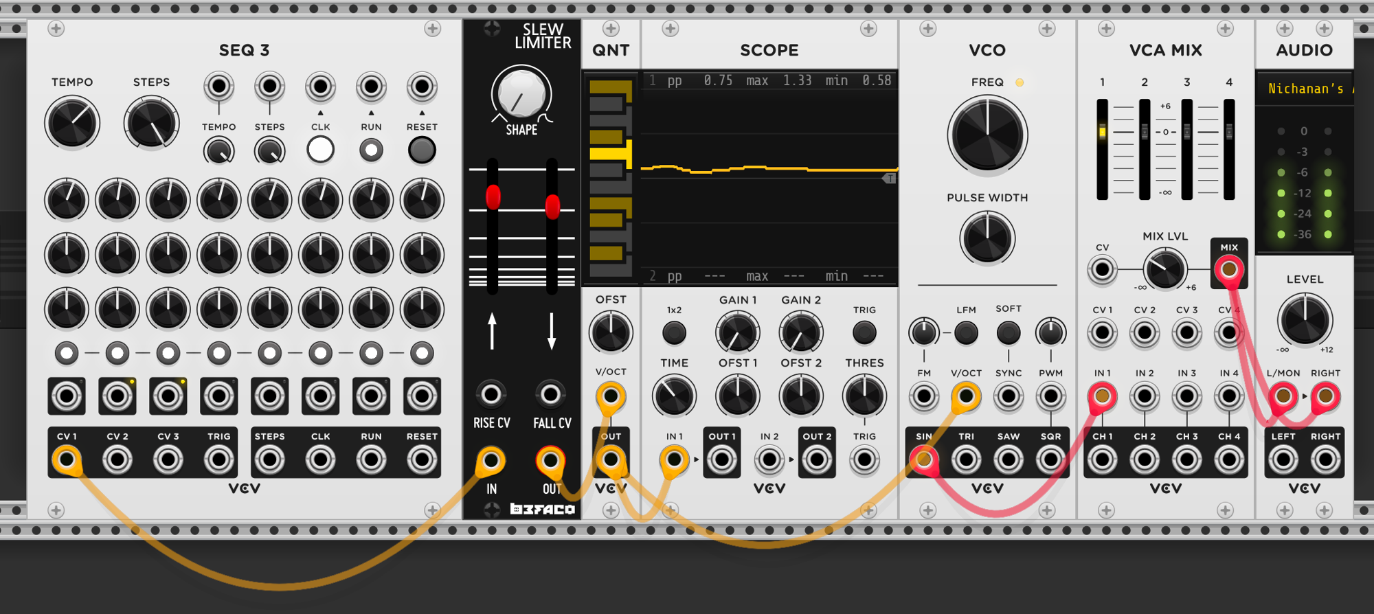 SEQ3 into Slew Limiter, then into QNT, then to VCO V/OCT. Slew before quantizer instead of after