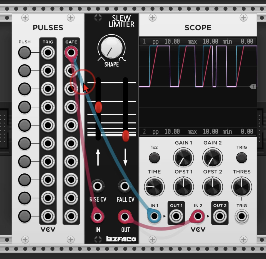 Same patch, rise slider increased. Scope shows the slew output ramping up slowly while the gate jumps instantly