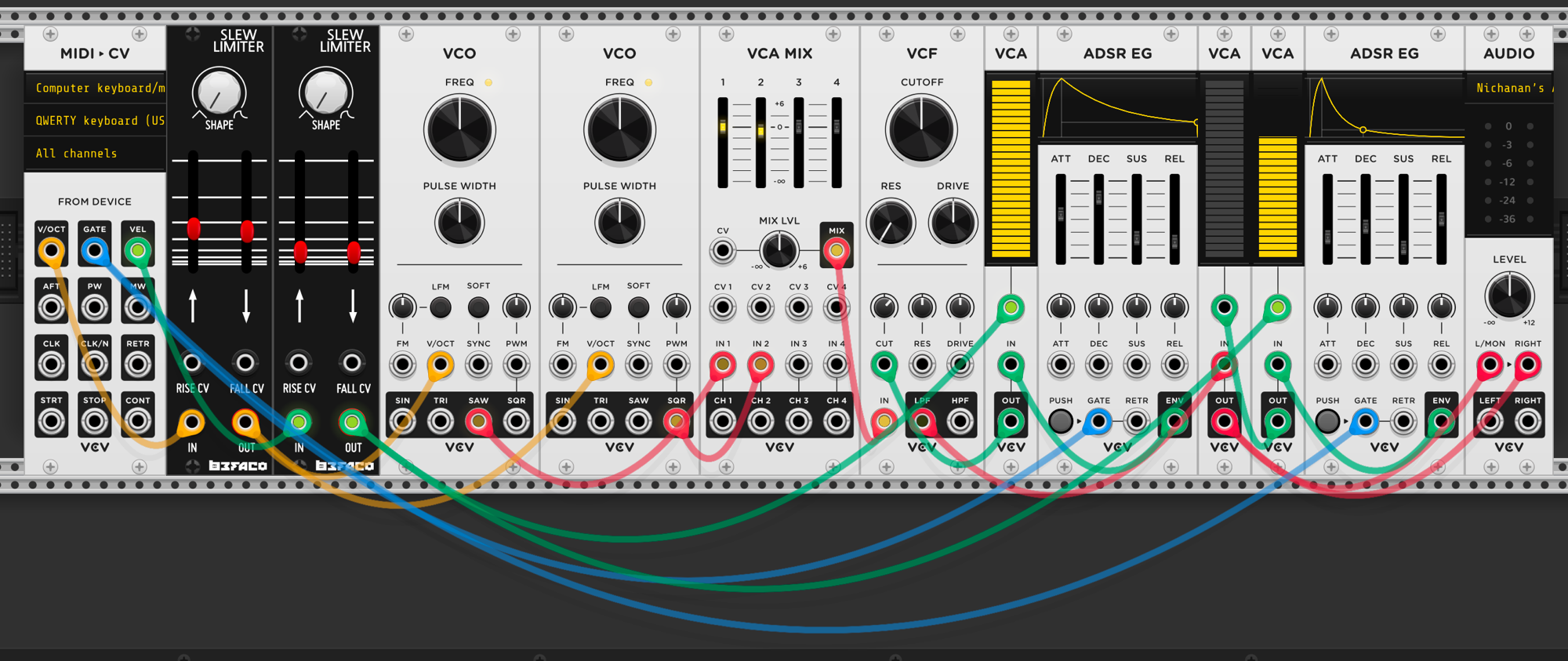 Second Slew Limiter added. First slew on V/OCT (pitch glide), second slew on VEL output going to the velocity VCA