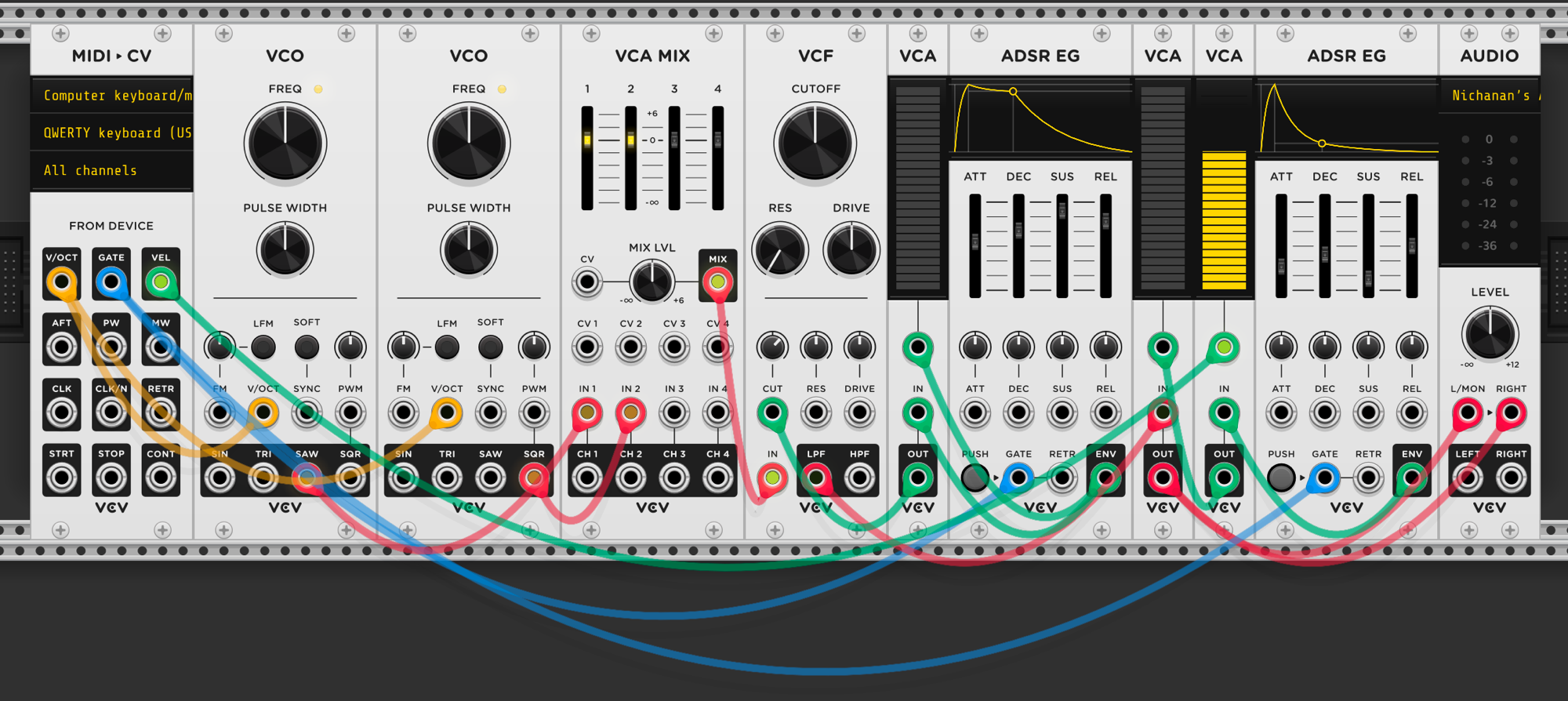 Three VCAs in series after VCF. First VCA receives MIDI velocity (green cable), second and third controlled by ADSR envelopes for cutoff and amplitude
