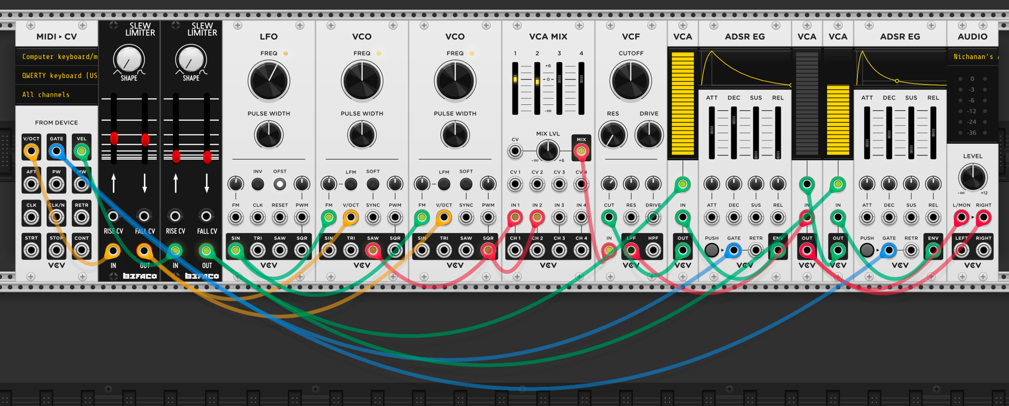 LFO added between the two Slew Limiters and the VCOs. LFO sine output patched to FM inputs of both VCOs via green cables