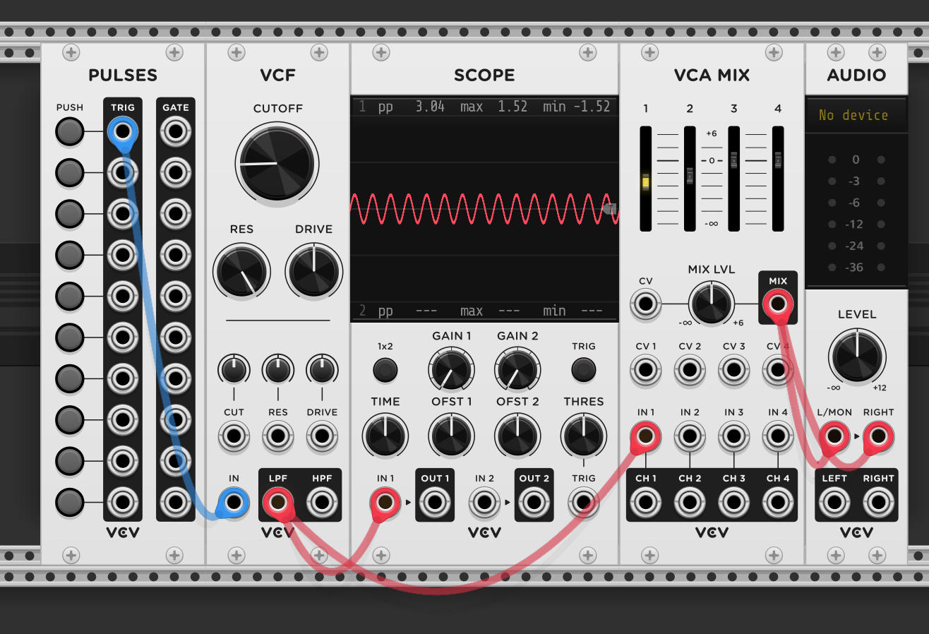 Pulses trigger into VCF input (no oscillator). VCF resonance turned all the way up. Scope shows a continuous sine wave from the self-oscillating filter. LPF output through VCA MIX to Audio