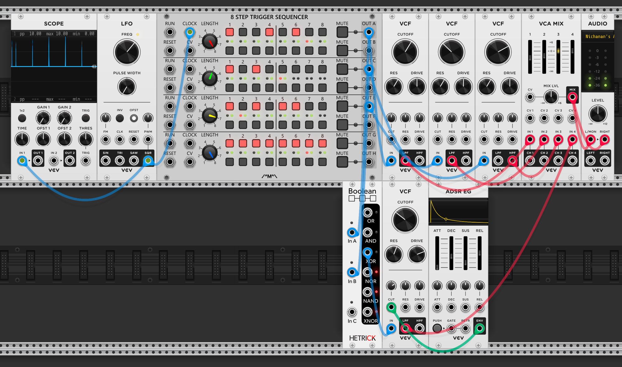 LFO clocking trigger sequencer with 4 rows, each with a different rhythm. Each row output goes to a separate VCF set to different cutoff frequencies. All four VCF LPF outputs into VCA MIX channels. Bottom row: Boolean logic combining two rows, feeding a fourth VCF with an ADSR EG