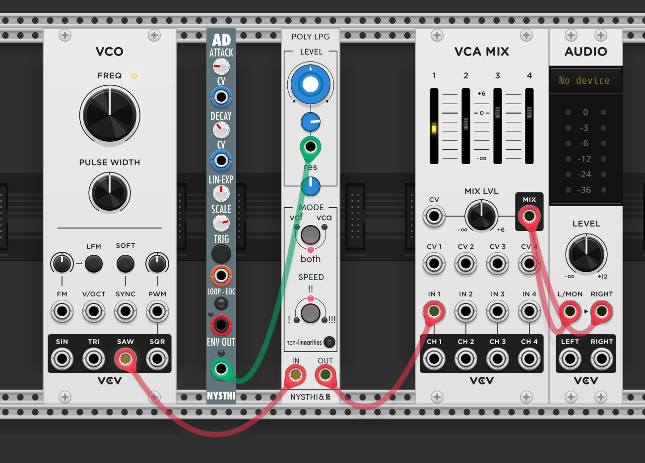 VCO sawtooth into Poly LPG, opened by an AD envelope (NYSTHI). AD envelope output to LPG level input. LPG output through VCA MIX to Audio