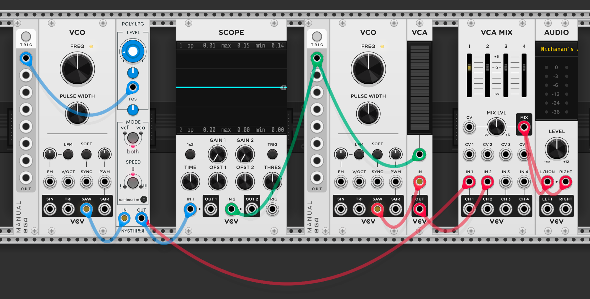 Two VCOs: left VCO sawtooth through Poly LPG (NYSTHI) set to "both" mode, right VCO sawtooth through a standard VCA. Both visible on scope, mixed through VCA MIX to Audio