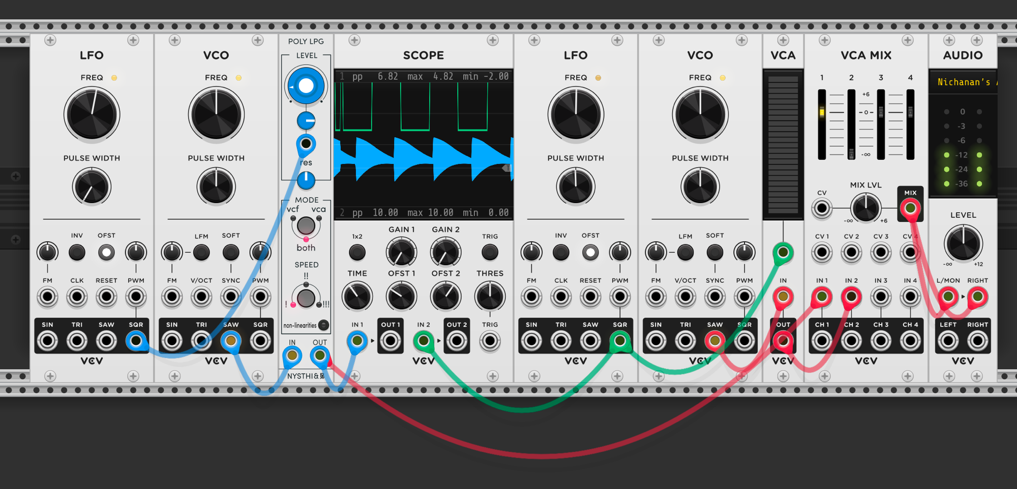 Scope showing both signals. Top trace (channel 1): LPG output with decaying amplitude envelope shaping the sawtooth. Bottom trace (channel 2): raw square wave from VCA path, static amplitude