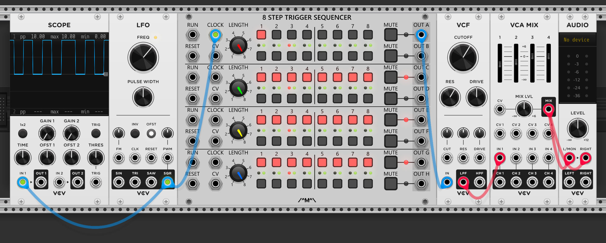 LFO square clocking an 8 Step Trigger Sequencer, one step active on row A. Row A output into VCF input. Scope shows two clicks per step — the gate's rising and falling edges both excite the filter