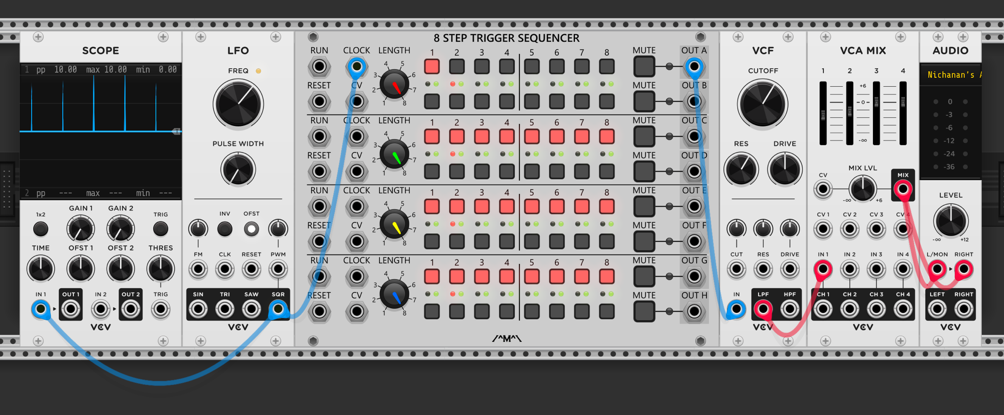 Same patch, LFO pulse width narrowed. Scope shows clean single pings — the gate is now short enough that the two edges merge into one percussive hit