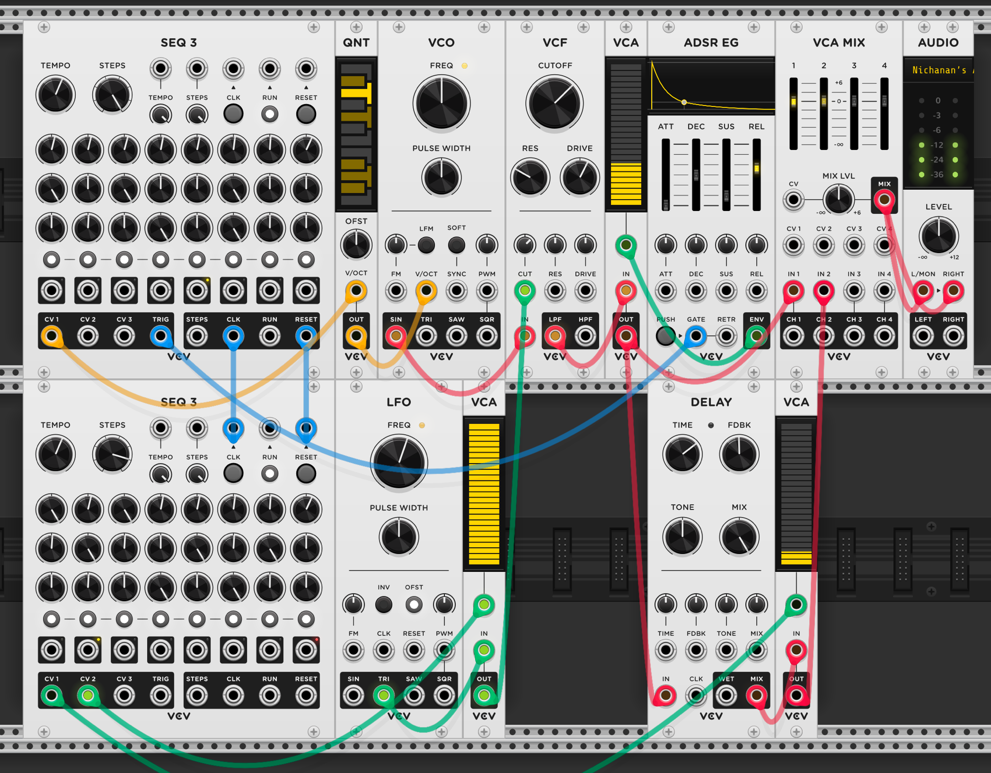 Same patch but with a second SEQ3 added below, dedicated to controlling the LFO-to-filter VCA and the delay VCA. The second SEQ3's clock and reset inputs are connected from the first SEQ3 so they run in sync. The second SEQ3 is set to 7 steps while the first has 8
