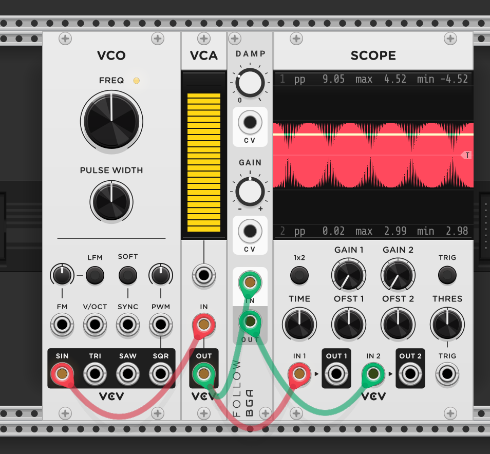 VCO sine into VCA, VCA output into Bogaudio FOLLOW module. FOLLOW output to scope channel 2 (green). VCA output also to scope channel 1 (red). Scope shows the audio waveform on top with varying amplitude, and the follower's smooth CV output on the bottom tracing the volume contour
