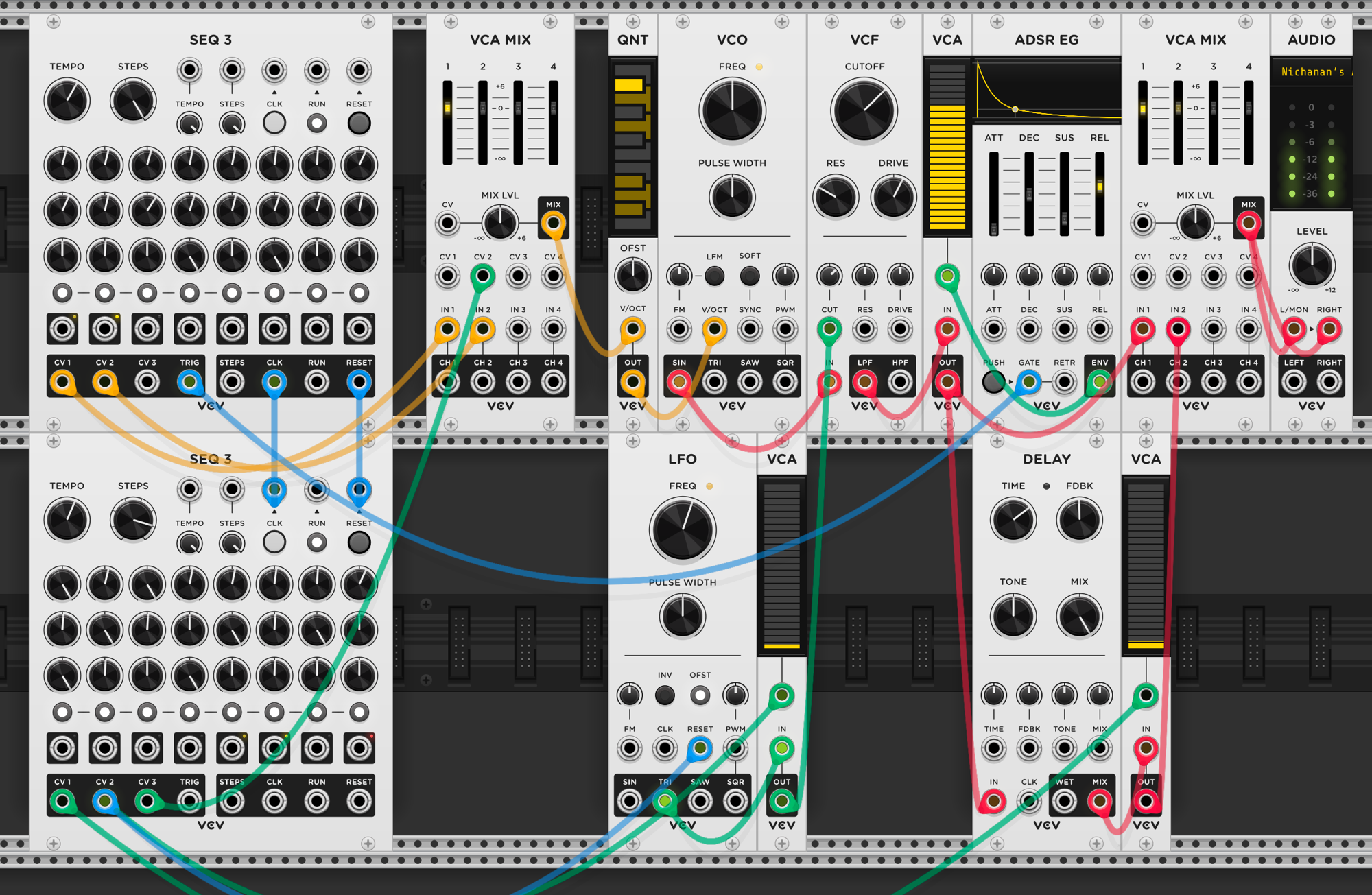 Same patch with an additional cable from the second SEQ3's CV2 output to the LFO's reset input. When the second sequencer activates the filter modulation, the LFO resets to zero so the modulation sweep starts from the same point each time