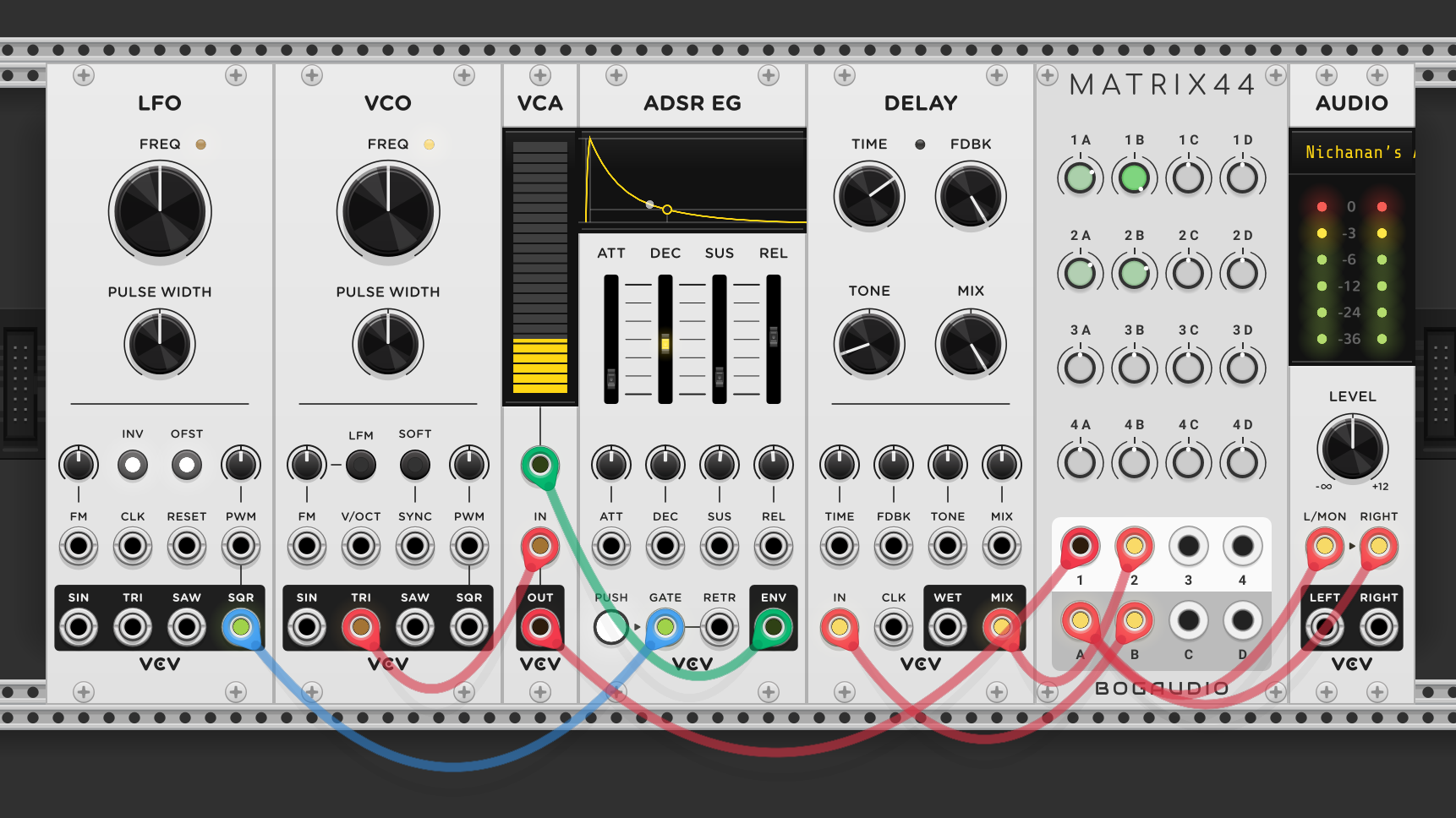 LFO square triggering ADSR EG, VCO into VCA shaped by the envelope. VCA output (voice) into MATRIX44 input 1. Matrix output B into a delay module, delay's wet output back into matrix input 2. Matrix output A to audio. Knobs 1A, 1B, 2A, and 2B turned up to create the feedback path